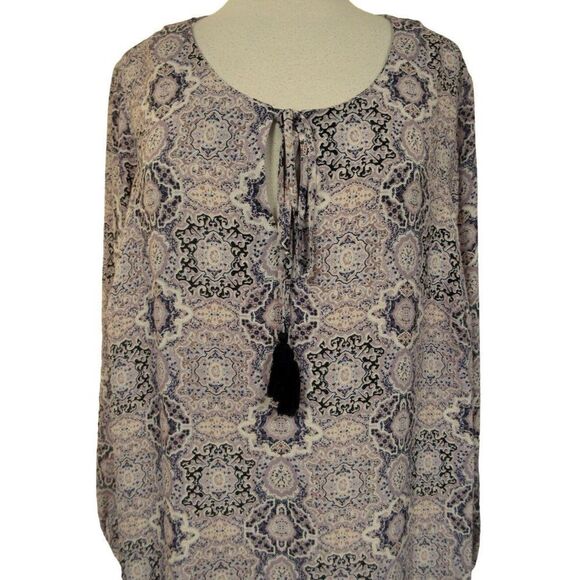 DR2 Muted Print Pullover Tunic Top Hi-Low Hem Long Sleeves Mauve Multi PLUS  1X - Picture 2 of 6